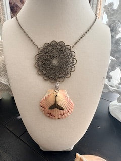 Whale Tail Blush Scallop Bronze Filigree Charm Necklace