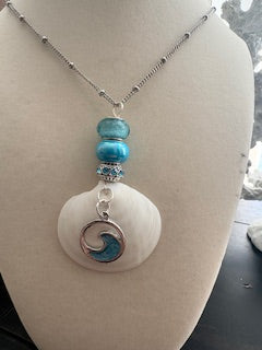 Waves of Tides White Buttercup Shell Wave Charm Turquoise Necklace