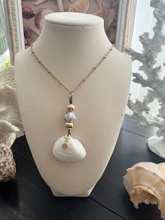 Touch of Elegance -White Ark Shell Stacked Gold Ceramic Bead Rose Charm Gold Satellite Chain Necklace