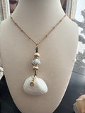 Touch of Elegance -White Ark Shell Stacked Gold Ceramic Bead Rose Charm Gold Satellite Chain Necklace