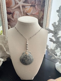 Sultry Siren Stormy Grey Green Scallop Stacked Silver Pearl Bead Silver Chain Necklace
