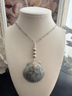 Sultry Siren Stormy Grey Green Scallop Stacked Silver Pearl Bead Silver Chain Necklace
