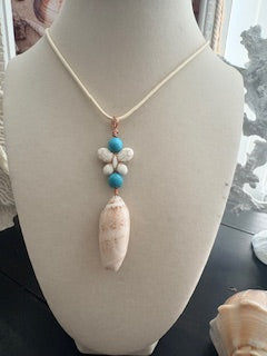Butterfly Essence Blush Olive Shell Turquoise White Flower Bead Ivory Cord Necklace