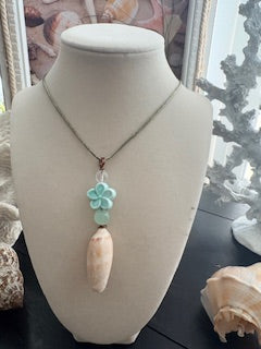 Playful Bliss Teal Plumeria Flower Pearl Olive Cord Necklace