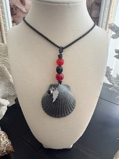 Gunmetal Scallop Red Black Bead Angel Wing Dark Chain Necklace