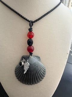 Gunmetal Scallop Red Black Bead Angel Wing Dark Chain Necklace