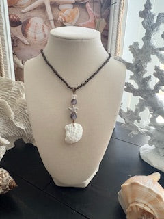 Snowy Jewel -White Spiney Shell Starfish Amethyst Hematite Beaded Chain Necklace