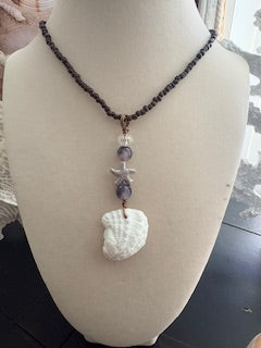 Snowy Jewel -White Spiney Shell Starfish Amethyst Hematite Beaded Chain Necklace