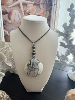 White & Greyish Scallop Silver Wire Wrap Hematite Dark Chain Necklace