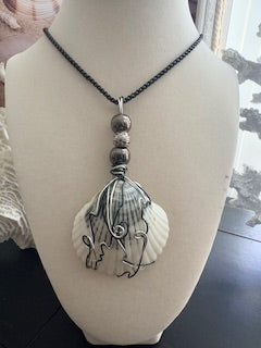 White & Greyish Scallop Silver Wire Wrap Hematite Dark Chain Necklace
