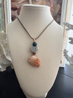 Orange Sunrise Shell -Teal Bead Silver Heart Filigree Bronze Cord Necklace