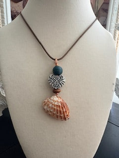 Orange Sunrise Shell -Teal Bead Silver Heart Filigree Bronze Cord Necklace