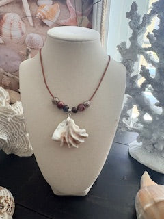 Ruffled Oyster Shell Tiger Eye Purple Bead Leather Cord Necklace