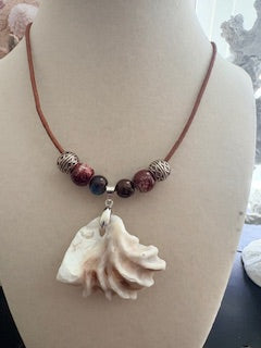 Ruffled Oyster Shell Tiger Eye Purple Bead Leather Cord Necklace