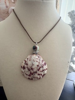 Purple Speckle Scallop Labradorite Silver Wire Wrap Maroon Cord Necklace