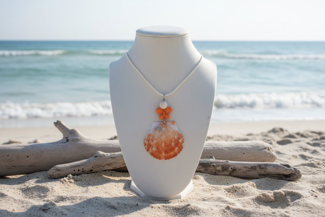 Blossom Dreams Scallop Shell & Orange Flower Bead Pendant Necklace