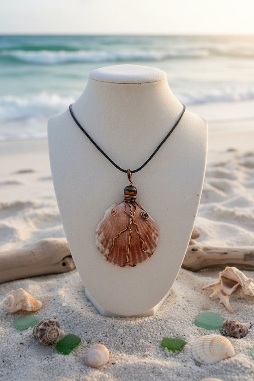 Mixed Bronzed Wire-Wrapped Scallop Shell Pendant Necklace