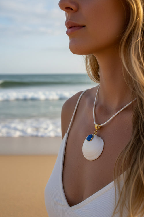 Blue Sparkle Buttercup Shell & Stone Charm Pendant Necklace | Coastal Handmade Nautical Jewelry Gift