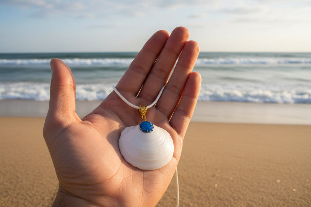 Blue Sparkle Buttercup Shell & Stone Charm Pendant Necklace | Coastal Handmade Nautical Jewelry Gift