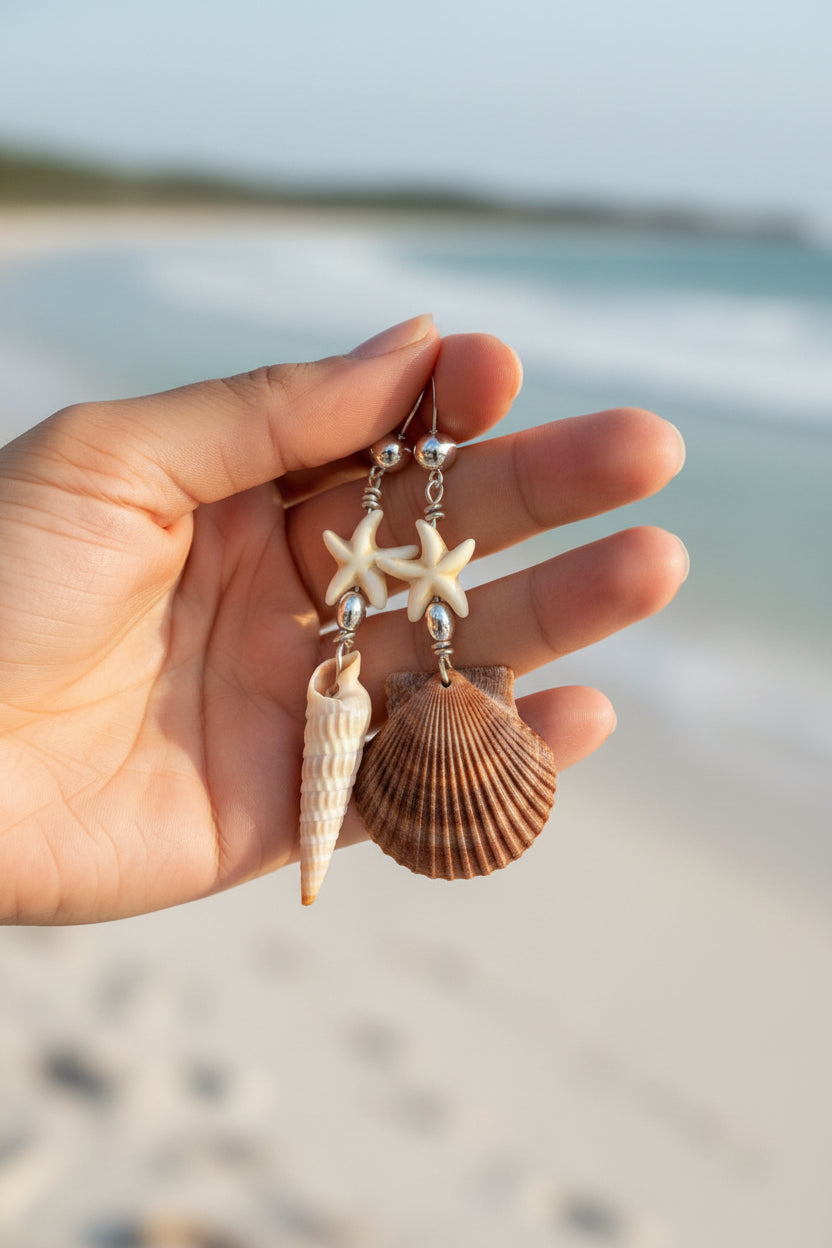 Mismatched scallop and auger shell earrings on ruler overhead view