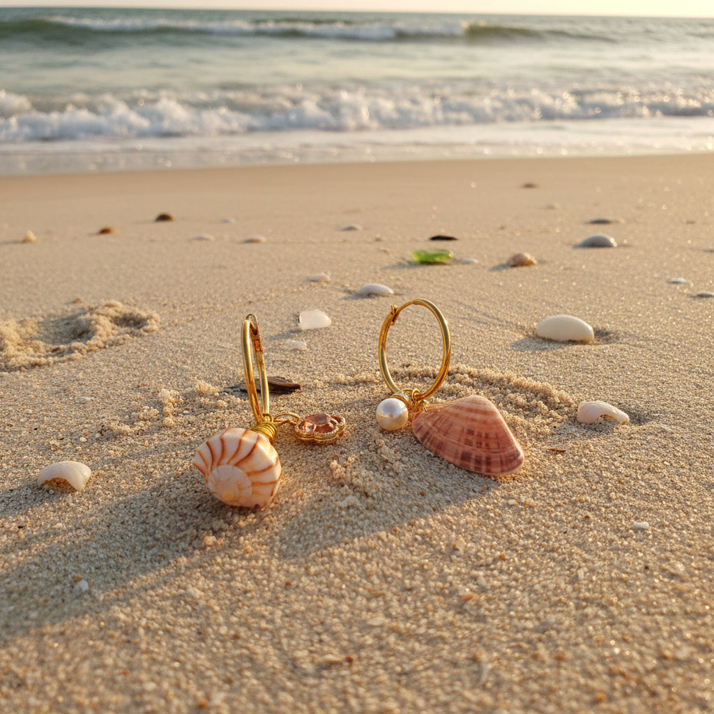 Mismatched shell hoop earrings on white surface showing wire wrapping detail