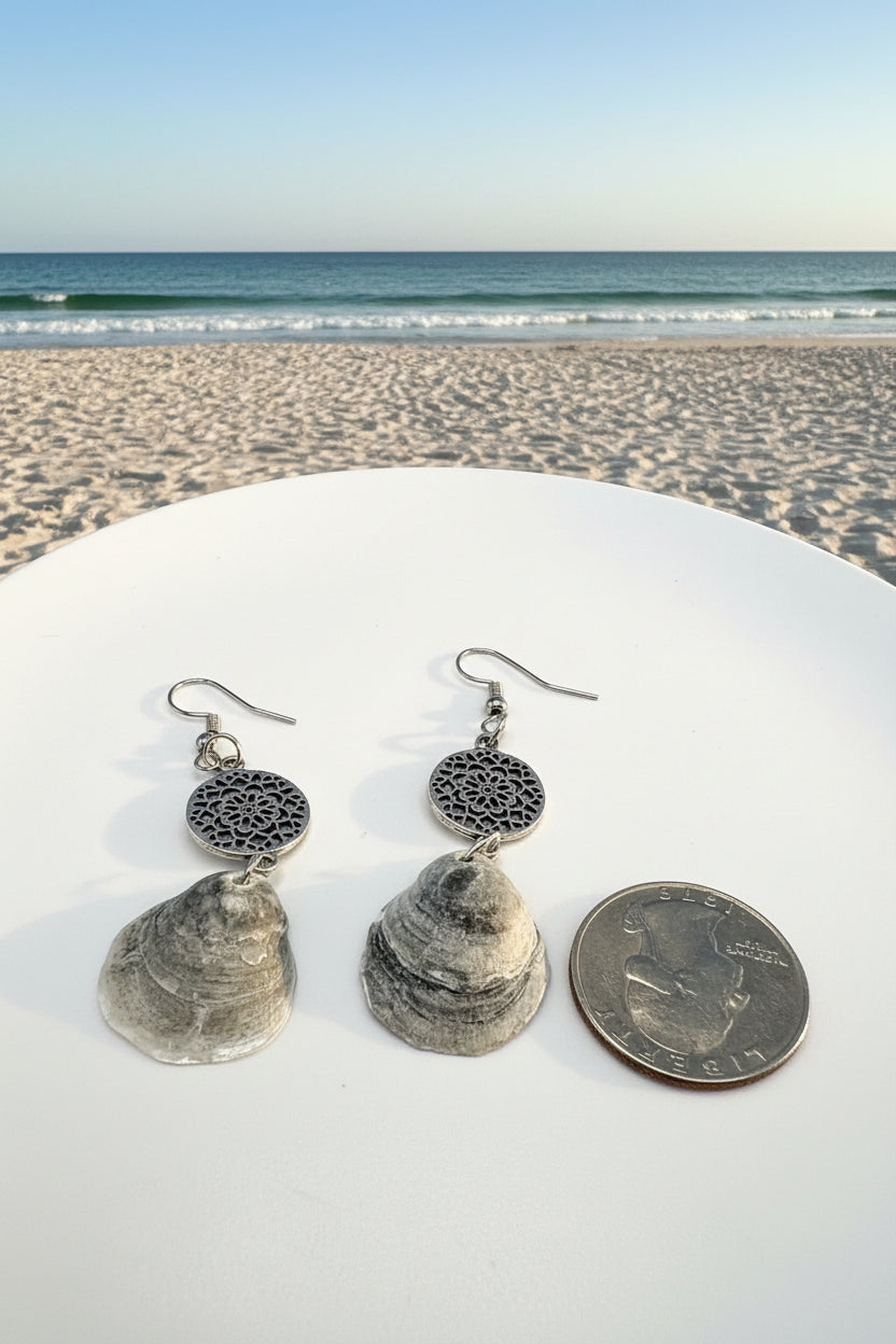 Pair of jingle shell earrings on white surface showing natural shell texture