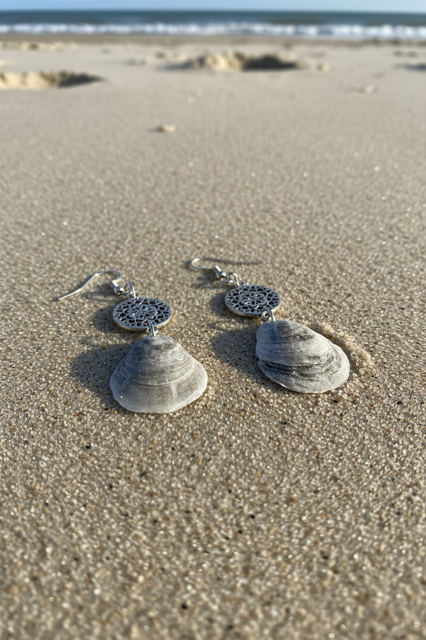 Jingle shell earrings displayed on white surface with coastal background