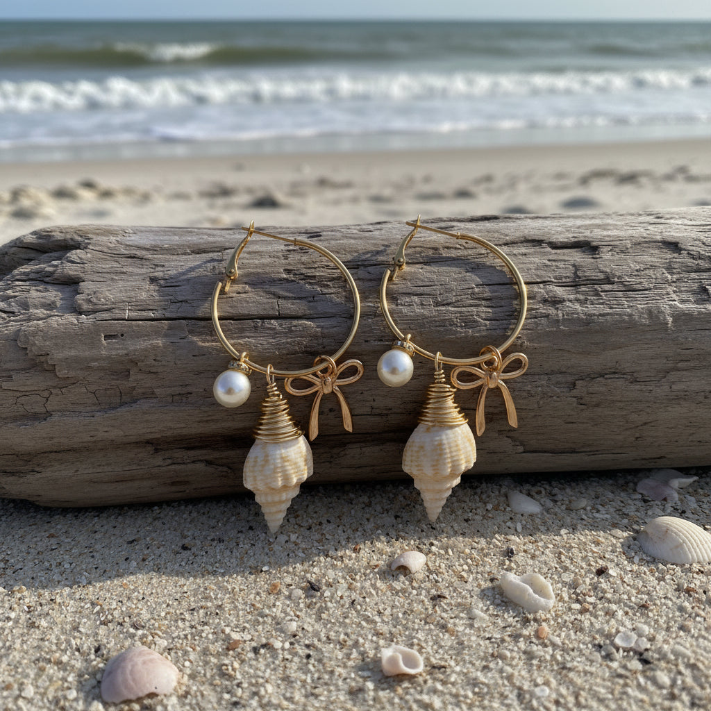 Juvenile conch shell hoop earrings flat lay detail view