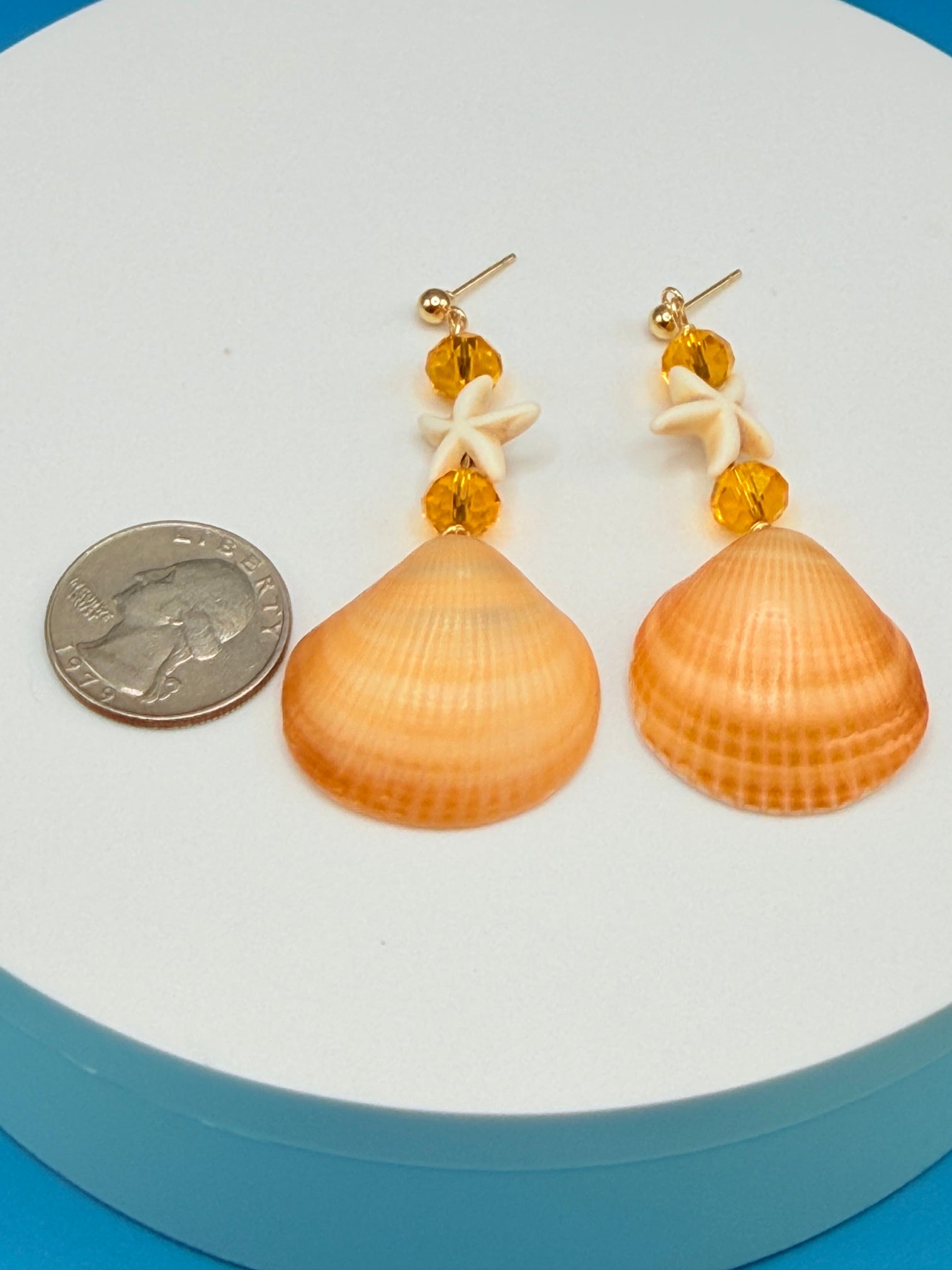 Single golden cockle shell earring on white background showing back of shell ribbed texture