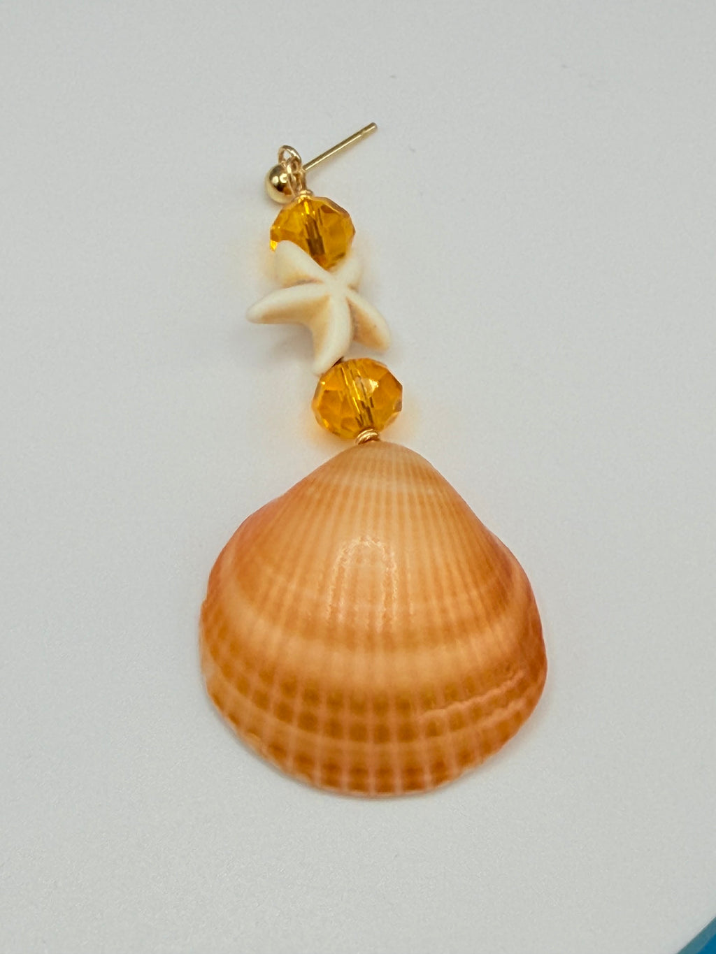 Single golden cockle shell earring on white background showing front of shell smooth peach tone
