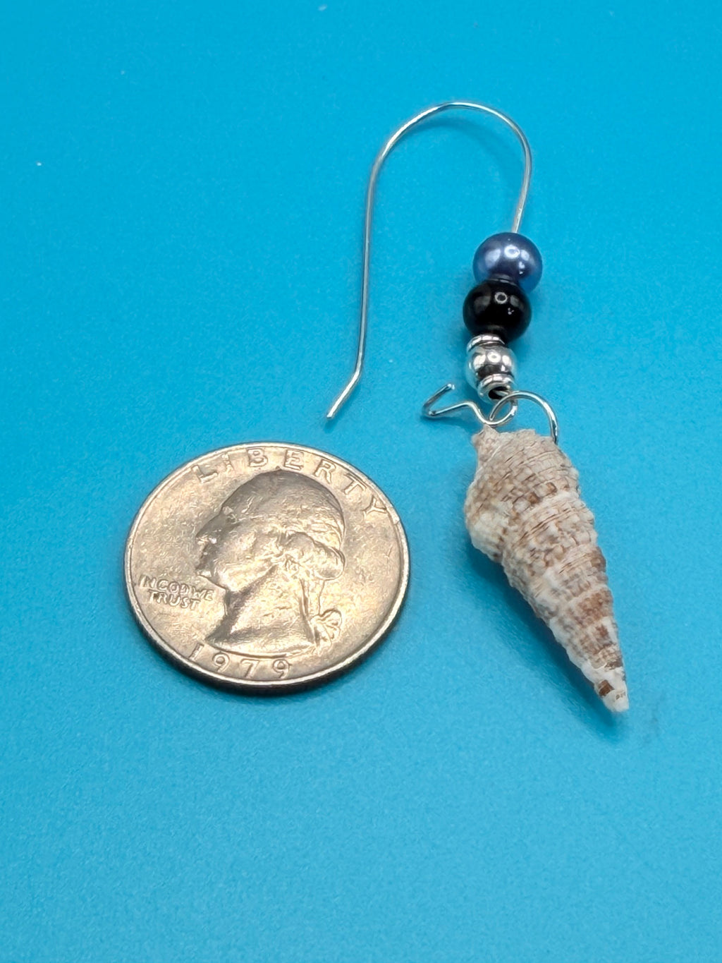 Auger shell earrings flat lay on blue background