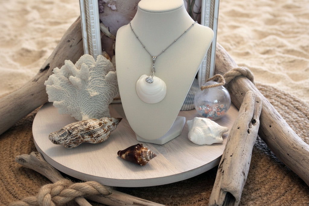 Silver Charm Butter Cup Necklace - White Butter Cup Shell with Silver Shell Charm from Florida Gulf Shores