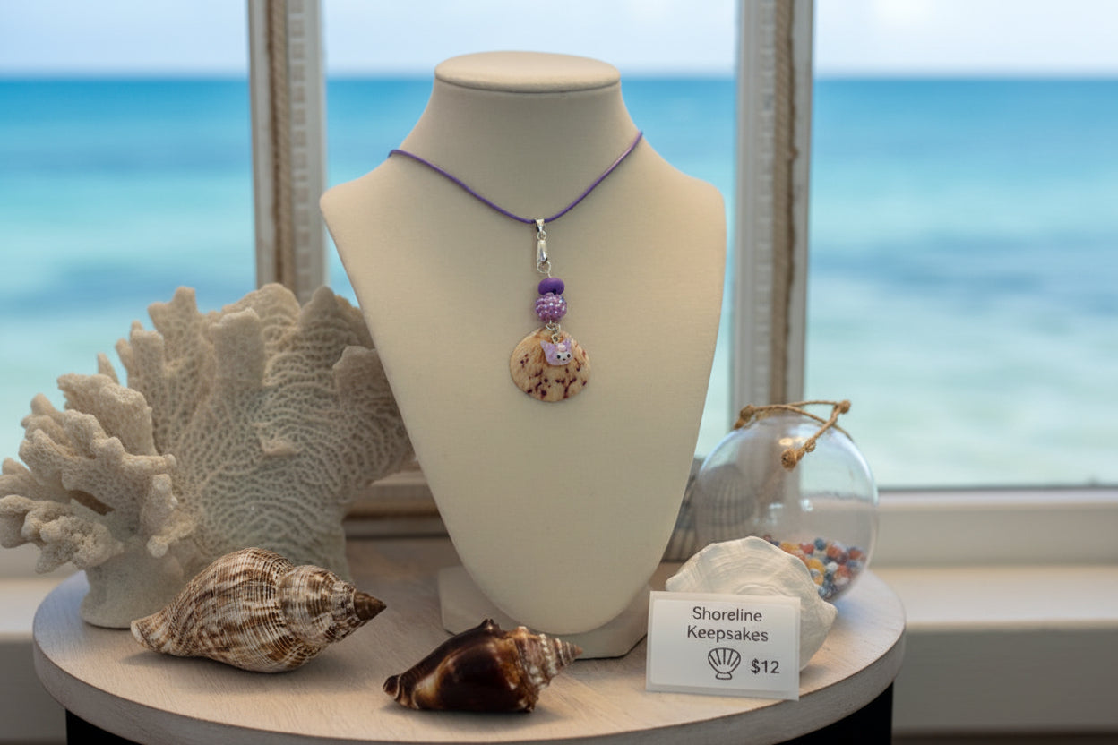 Handmade handpicked Sanibel Fl Shell with a shell pendant on a on a purple waxed cord. Each shell is one of kind. Calico scallop shell picked from Sanibel Florida. 