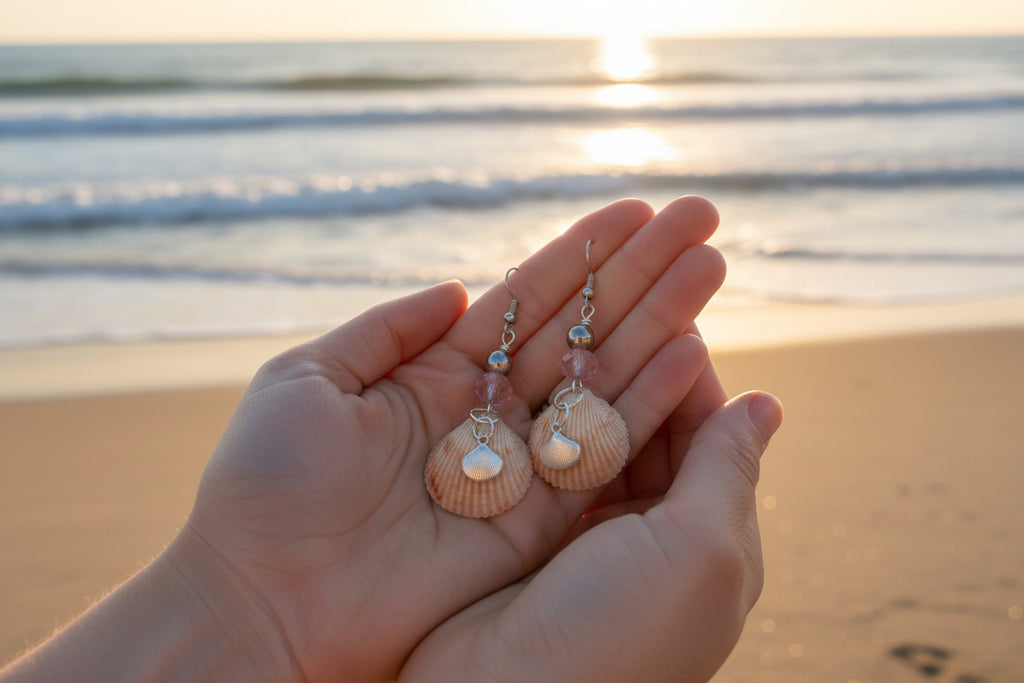 Cockle Shell Earrings with Pink Beads