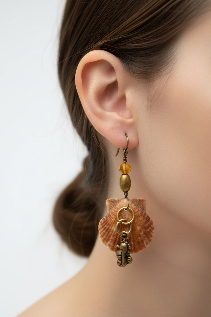 Maroon Tides Dangle Earrings | Handcrafted Amber Bead Nautical Beach Jewelry | Coastal Mermaid Gift