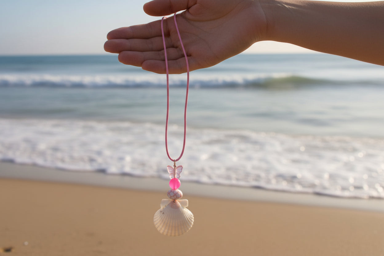 Pink Bliss - White Scallop Shell & Pink Bead Necklace