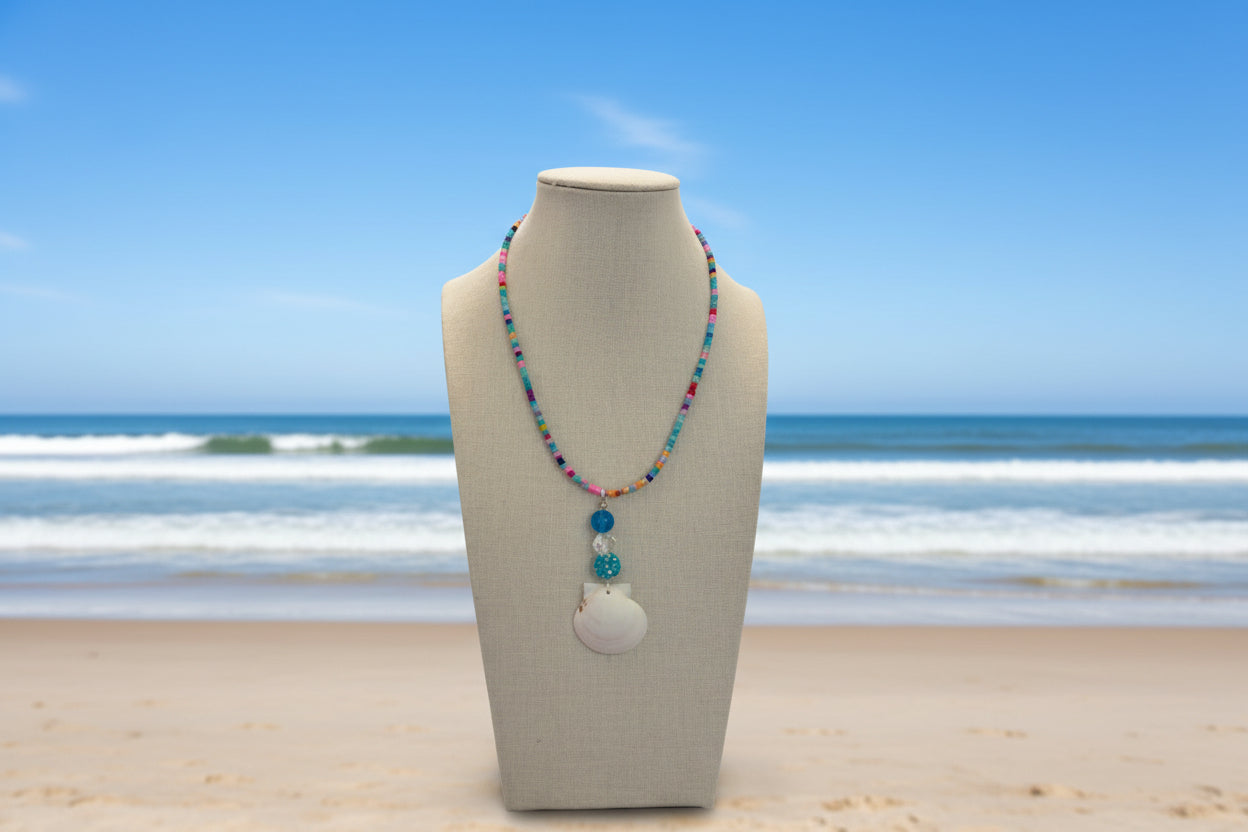 Rainbow Treasures - White Scallop Shell & Colorful Bead Necklace