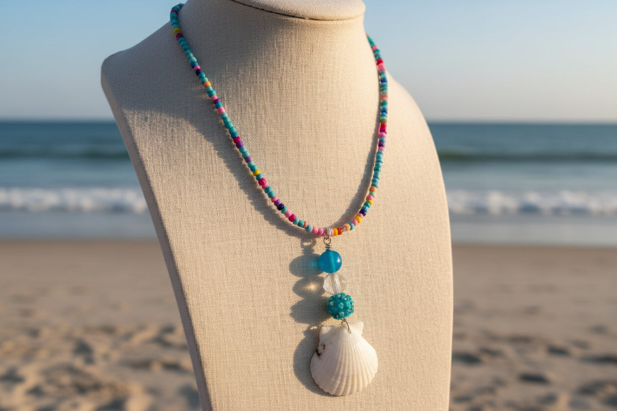 Rainbow Treasures - White Scallop Shell & Colorful Bead Necklace