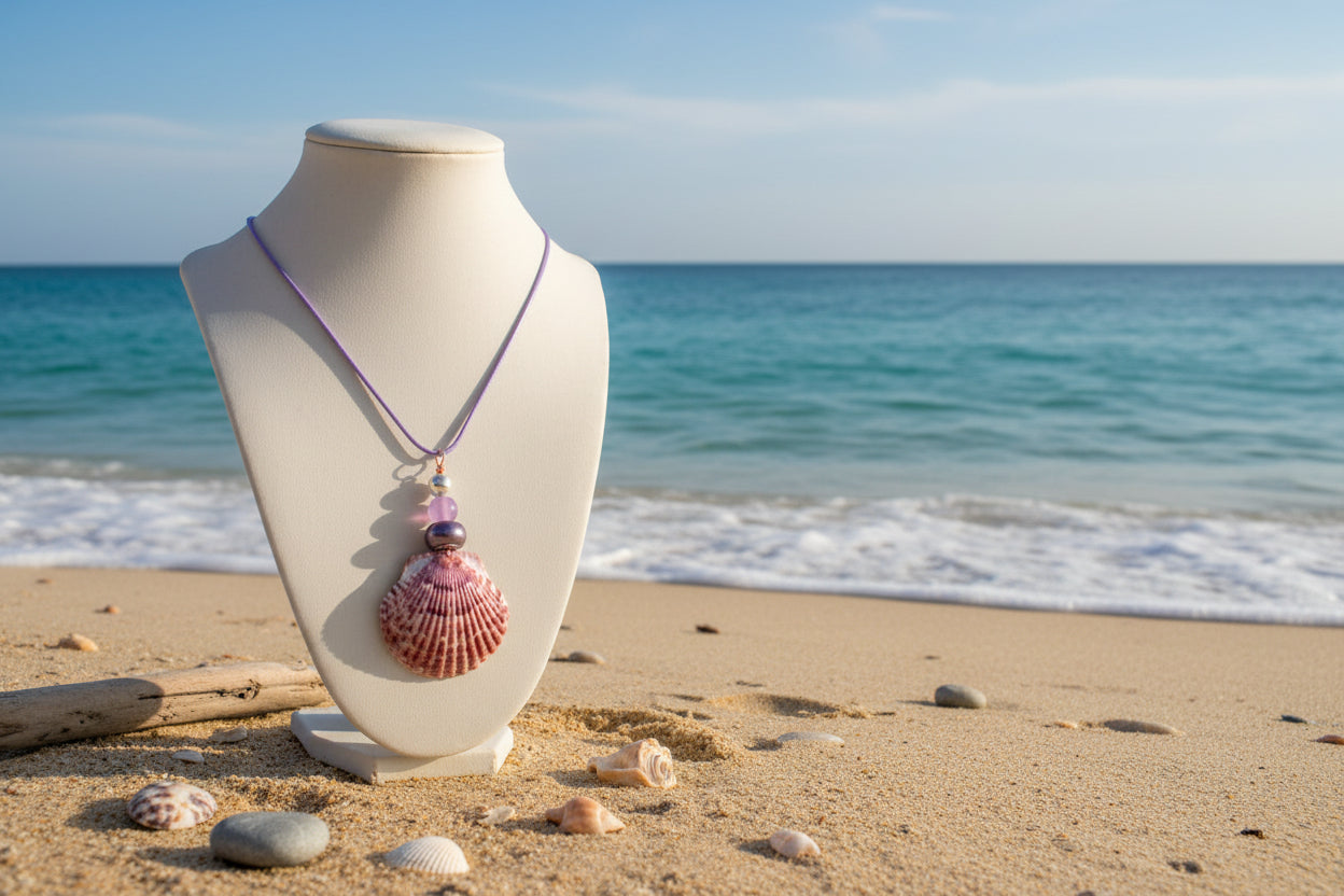 Purple Majesty - Calico Scallop Shell & Purple Bead Necklace
