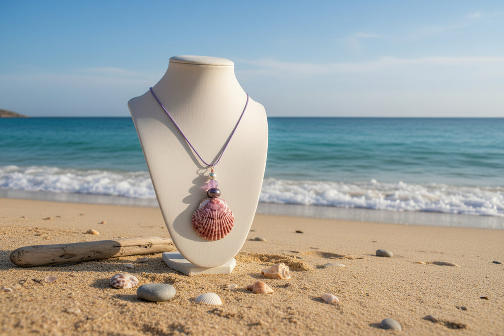 Purple Majesty - Calico Scallop Shell & Purple Bead Necklace