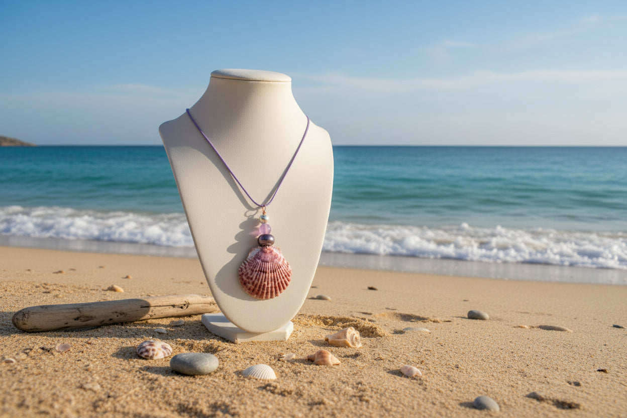 Purple Majesty - Calico Scallop Shell & Purple Bead Necklace