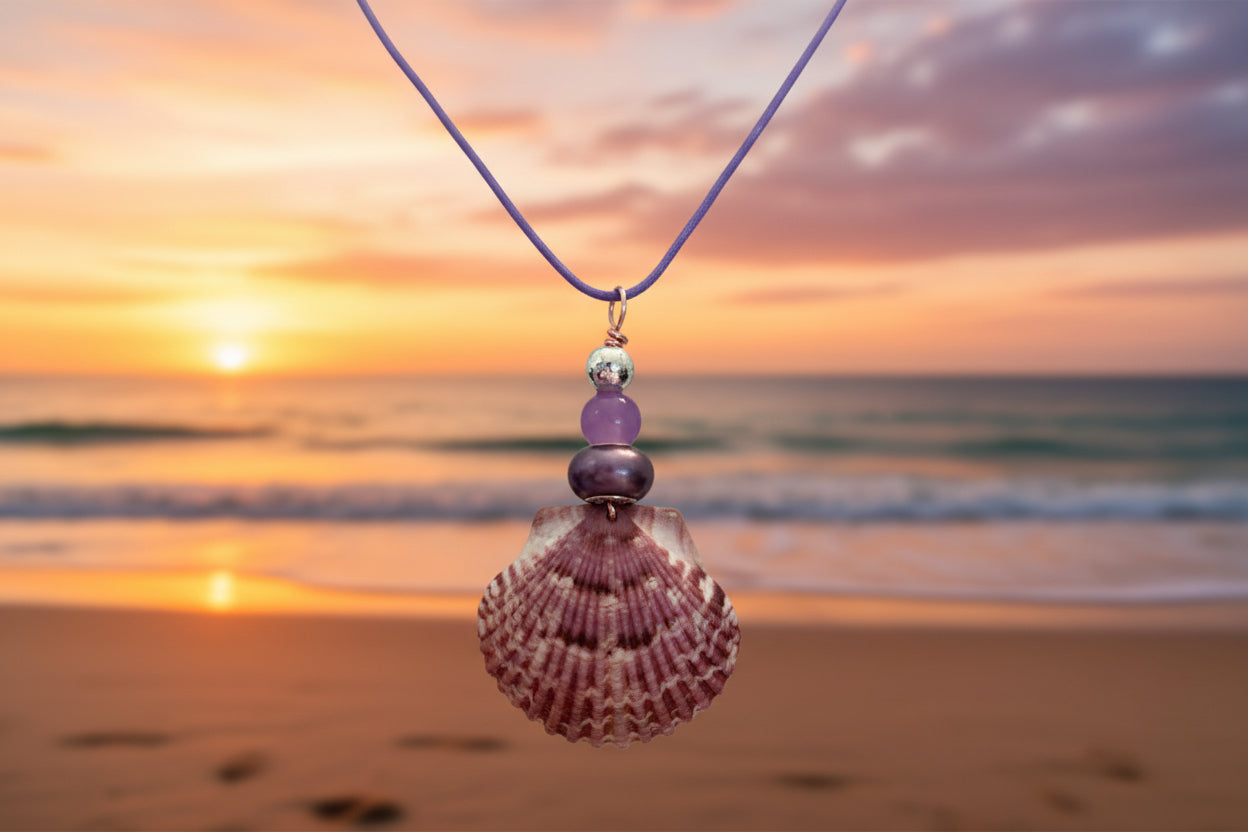 Purple Majesty - Calico Scallop Shell & Purple Bead Necklace