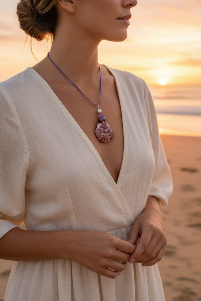 Purple Majesty - Calico Scallop Shell & Purple Bead Necklace