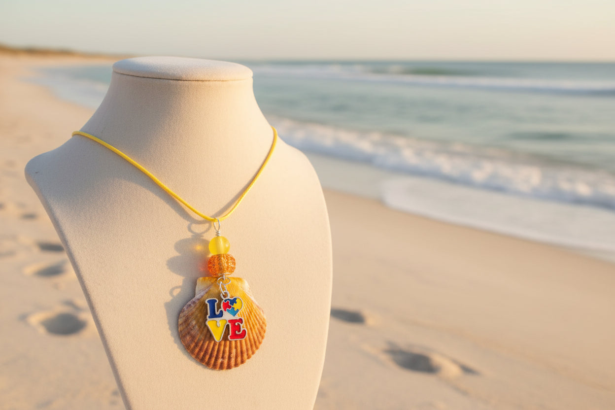 Autism Awareness - Scallop Shell, Yellow Beads & Puzzle Charm Necklace
