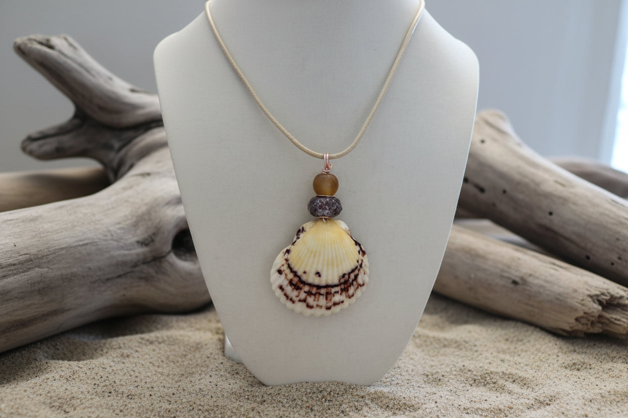 Burgandy Elegance - Scallop Shell, Brown Bead & Silver Chain Necklace