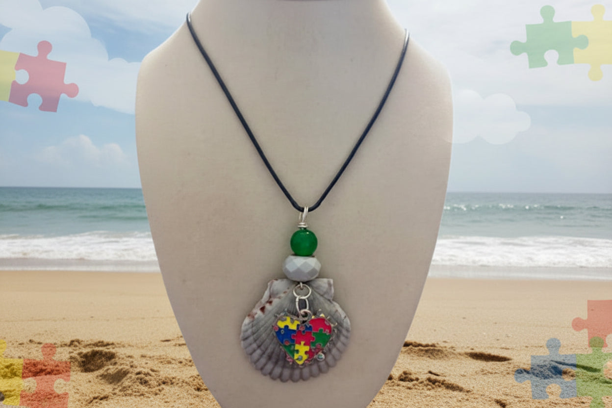 Autism Heart - Scallop Shell & Puzzle Heart Necklace
