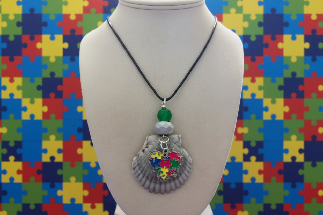 Autism Heart - Scallop Shell & Puzzle Heart Necklace