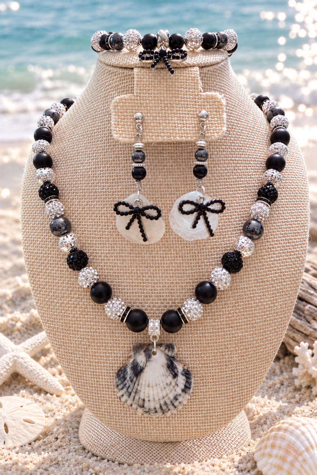 Handmade Black Onyx Shell Jewelry Set With Silver Tone Coastal Accents