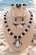 Handmade Black Onyx Shell Jewelry Set With Silver Tone Coastal Accents