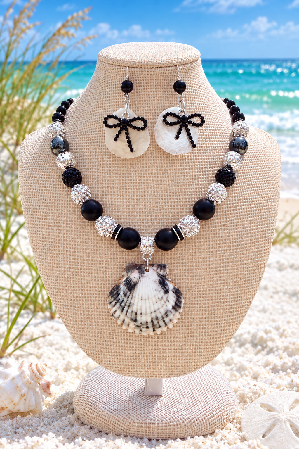 Handmade Black Onyx Shell Jewelry Set With Silver Tone Coastal Accents